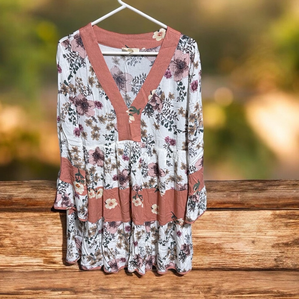 Entro Floral Midi Dress with Pink and Cream Accents